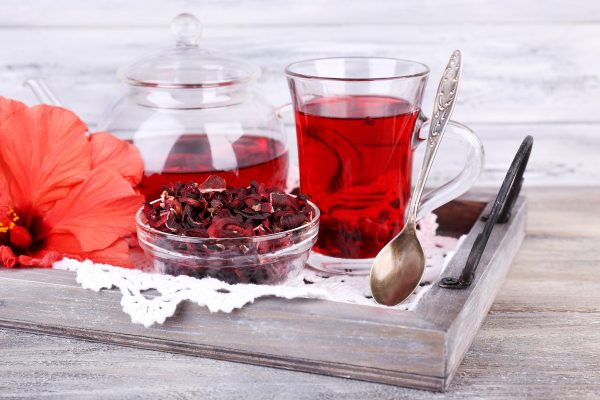 Hibiscus tea in glass teapot